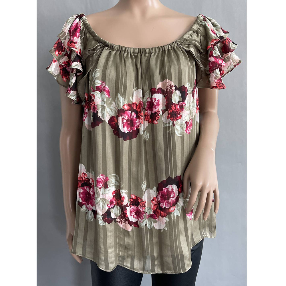 Banana Republic Top Women S Green Floral Satin Off Shoulder Flutter Sleeve